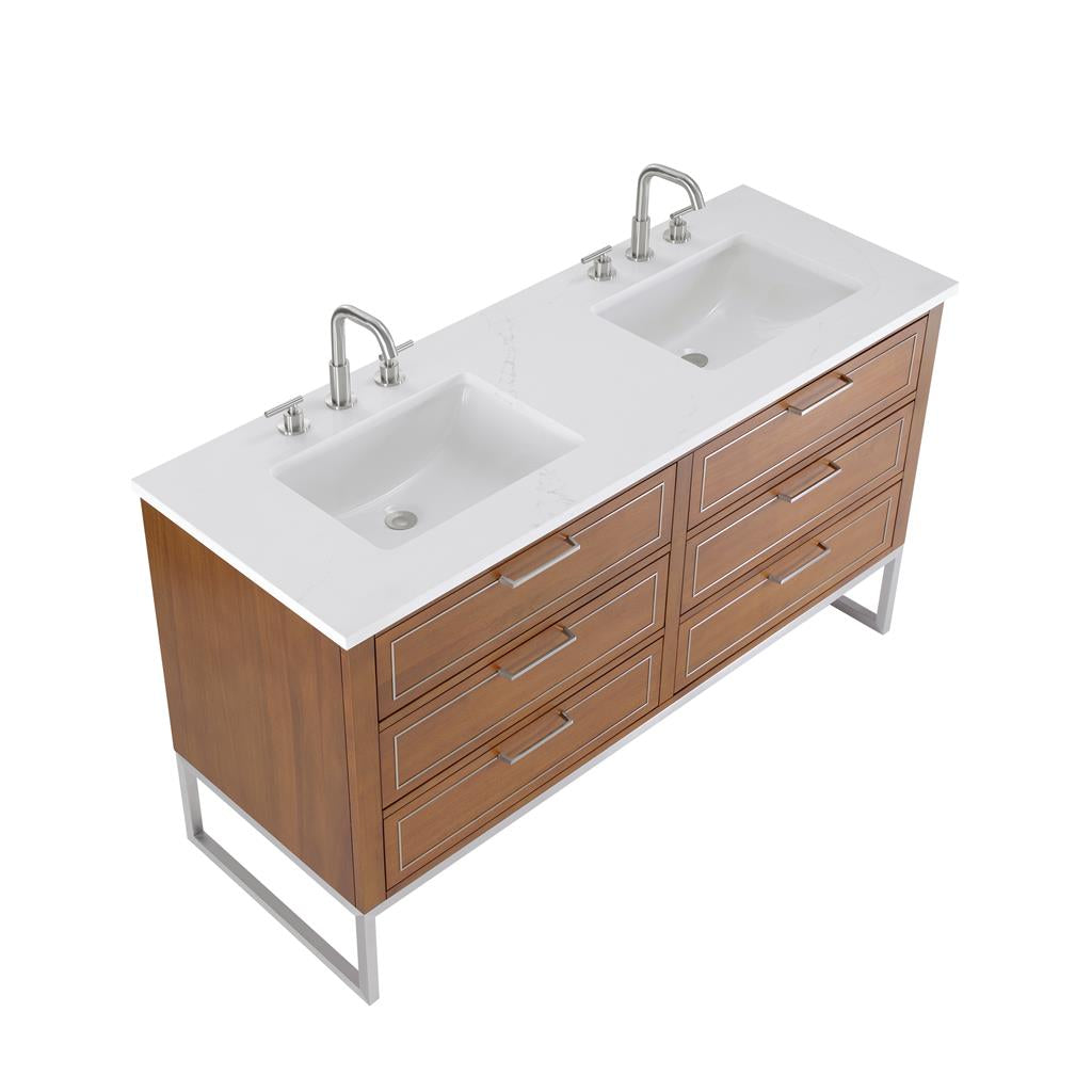 Bemma, Markham 60" Double Vanity, Walnut/Brushed Nickel, Calacatta Quartz Top#top-options_calacatta-quartz-top