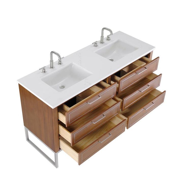 Bemma, Markham 60" Double Vanity, Walnut/Brushed Nickel, Calacatta Quartz Top#top-options_calacatta-quartz-top