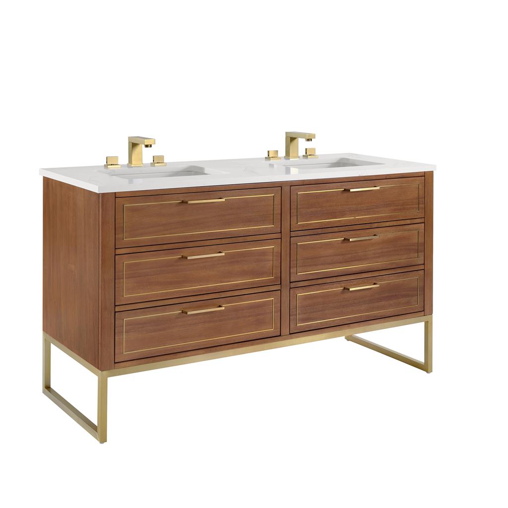 Bemma, Markham 60" Double Vanity, Walnut/Satin Brass, Calacatta Quartz Top#top-options_calacatta-quartz-top