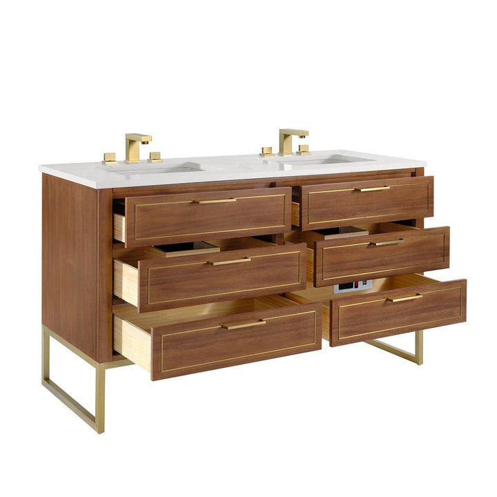 Bemma, Markham 60" Double Vanity, Walnut/Satin Brass, Calacatta Quartz Top#top-options_calacatta-quartz-top