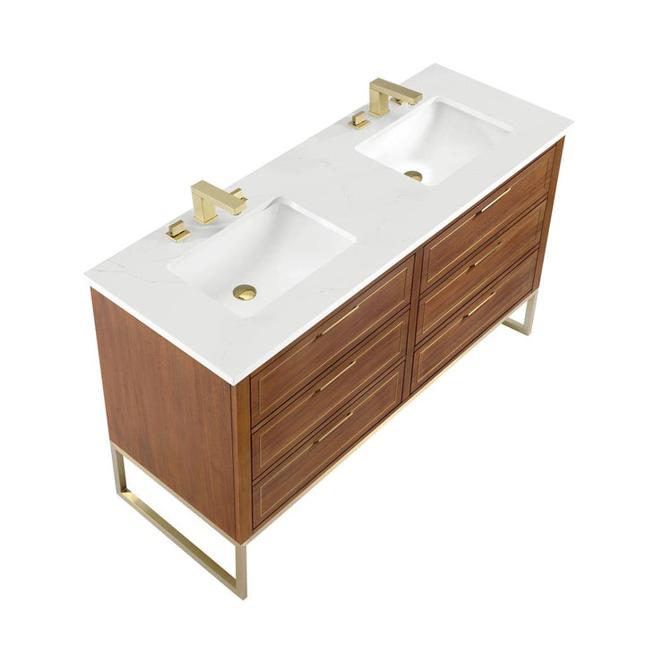 Bemma, Markham 60" Double Vanity, Walnut/Satin Brass, Calacatta Quartz Top#top-options_calacatta-quartz-top