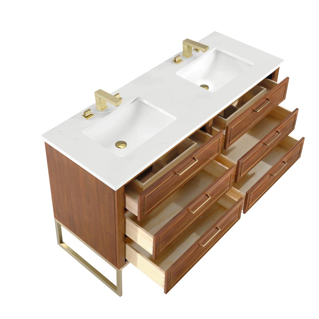 Bemma, Markham 60" Double Vanity, Walnut/Satin Brass, Calacatta Quartz Top#top-options_calacatta-quartz-top