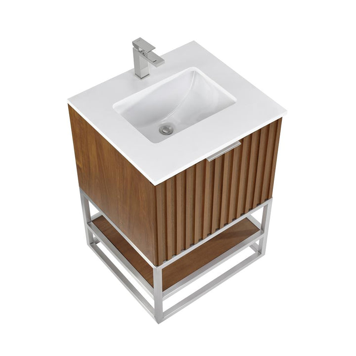 Bemma, Terra 24" Single Vanity, Walnut/Brushed Nickel, White Quartz Top#top-options_white-quartz-top