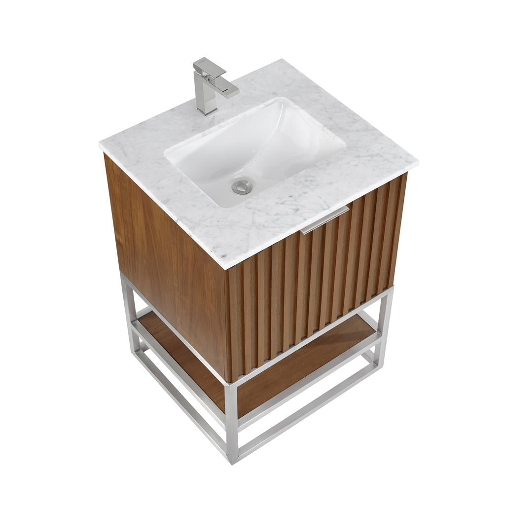 Bemma, Terra 24" Single Vanity, Walnut/Brushed Nickel, Carrara Marble Top#top-options_carrara-marble-top