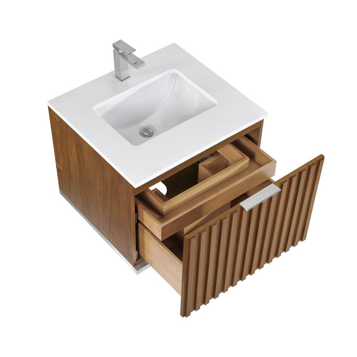 Bemma, Terra 24" Single Floating Vanity, Walnut/Brushed Nickel, White Quartz Top#top-options_white-quartz-top