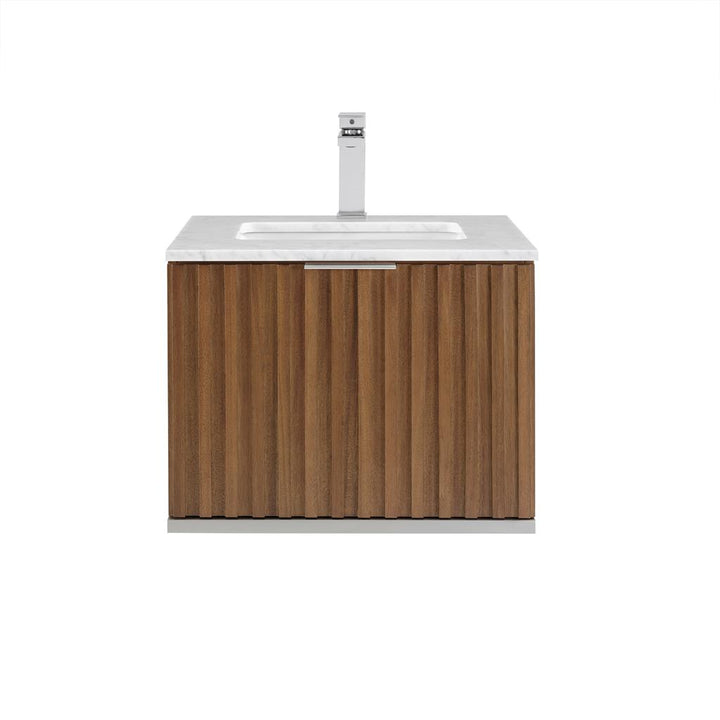 Bemma, Terra 24" Single Floating Vanity, Walnut/Brushed Nickel, Carrara Marble Top#top-options_carrara-marble-top