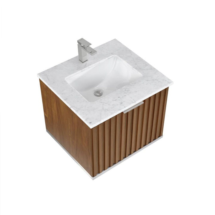 Bemma, Terra 24" Single Floating Vanity, Walnut/Brushed Nickel, Carrara Marble Top#top-options_carrara-marble-top