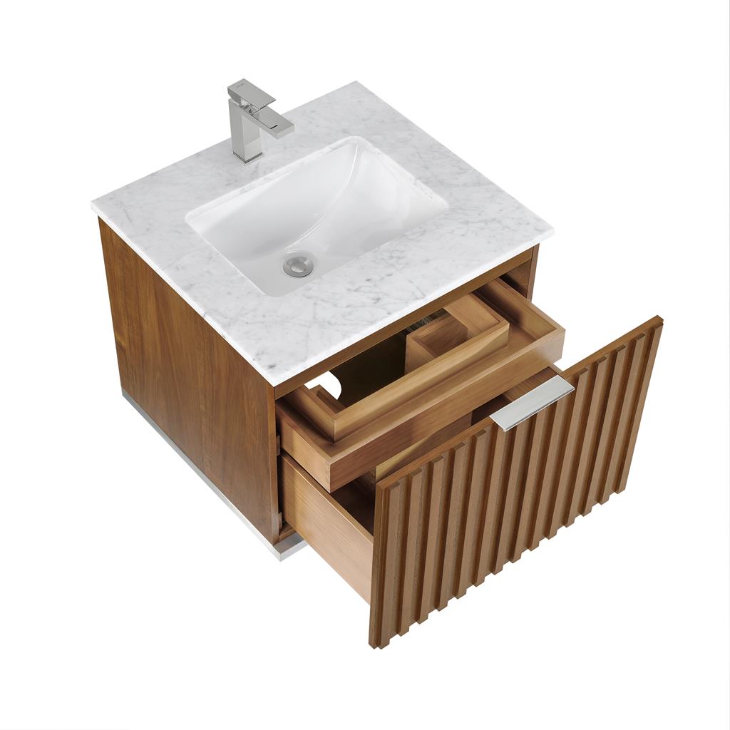 Bemma, Terra 24" Single Floating Vanity, Walnut/Brushed Nickel, Carrara Marble Top#top-options_carrara-marble-top