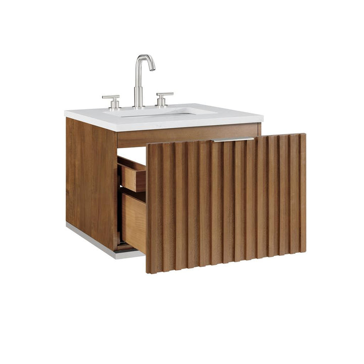 Bemma, Terra 24" Single Floating Vanity, Walnut/Brushed Nickel, Calacatta Quartz Top#top-options_calacatta-quartz-top