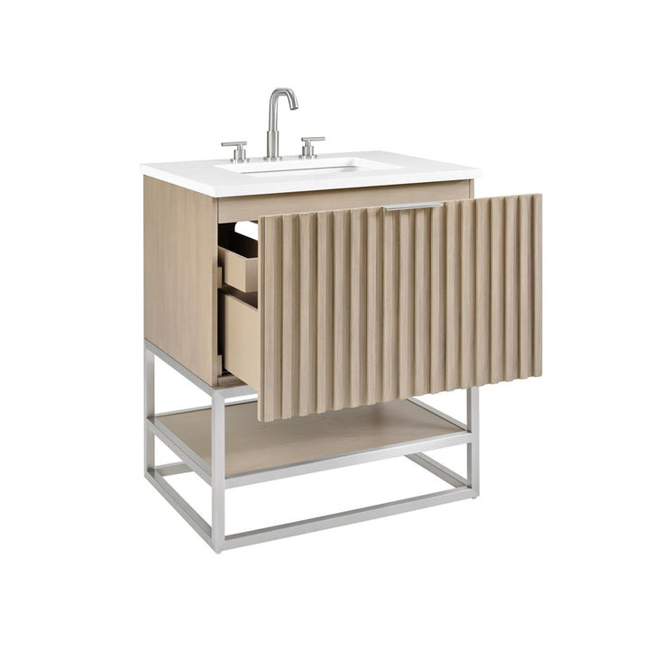 Bemma, Terra 30" Single Vanity, Cashmere Grey/Brushed Nickel, Calacatta Quartz Top#top-options_calacatta-quartz-top