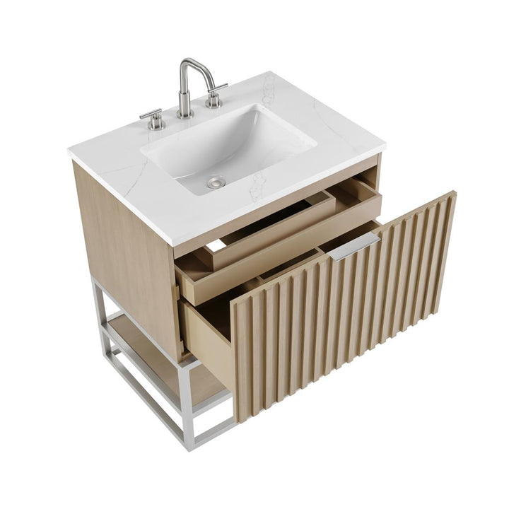 Bemma, Terra 30" Single Vanity, Cashmere Grey/Brushed Nickel, Calacatta Quartz Top#top-options_calacatta-quartz-top
