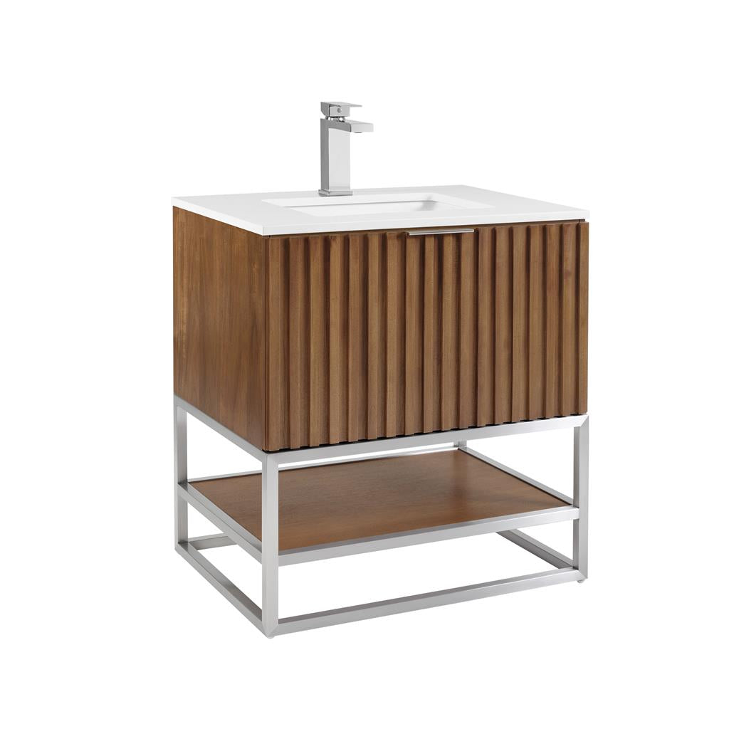 Bemma, Terra 30" Single Vanity, Walnut/Brushed Nickel, White Quartz Top#top-options_white-quartz-top