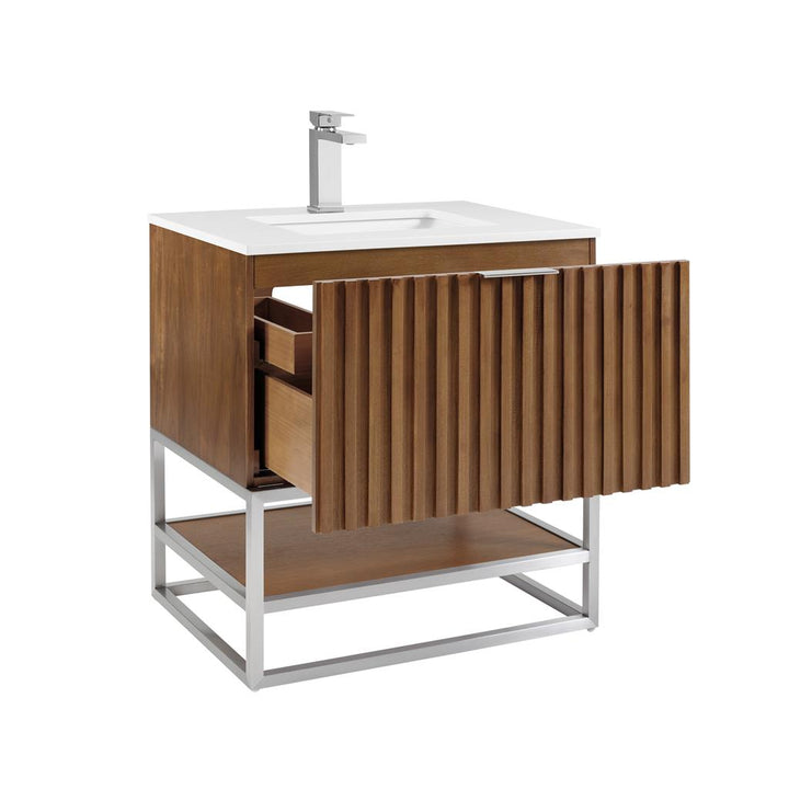 Bemma, Terra 30" Single Vanity, Walnut/Brushed Nickel, White Quartz Top#top-options_white-quartz-top