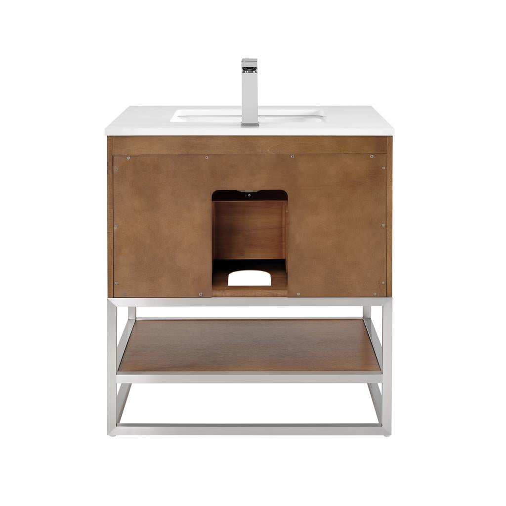 Bemma, Terra 30" Single Vanity, Walnut/Brushed Nickel, White Quartz Top#top-options_white-quartz-top