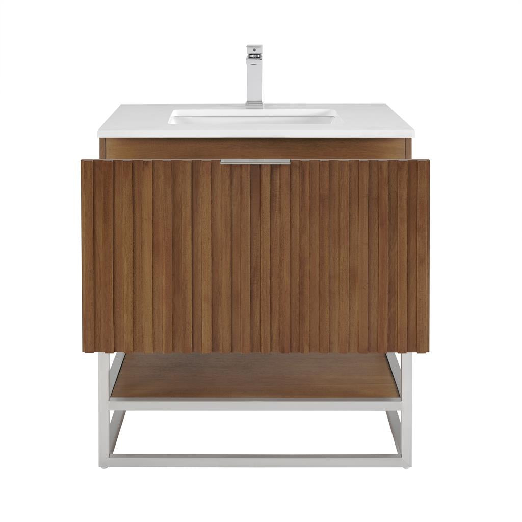 Bemma, Terra 30" Single Vanity, Walnut/Brushed Nickel, White Quartz Top#top-options_white-quartz-top