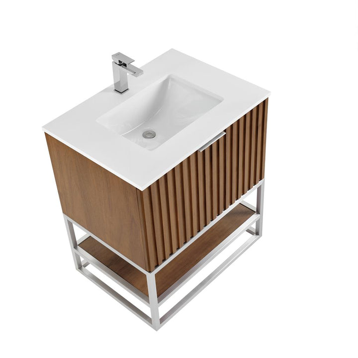 Bemma, Terra 30" Single Vanity, Walnut/Brushed Nickel, White Quartz Top#top-options_white-quartz-top