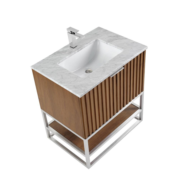 Bemma, Terra 30" Single Vanity, Walnut/Brushed Nickel, Carrara Marble Top#top-options_carrara-marble-top