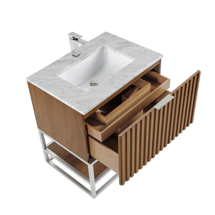 Bemma, Terra 30" Single Vanity, Walnut/Brushed Nickel, Carrara Marble Top#top-options_carrara-marble-top