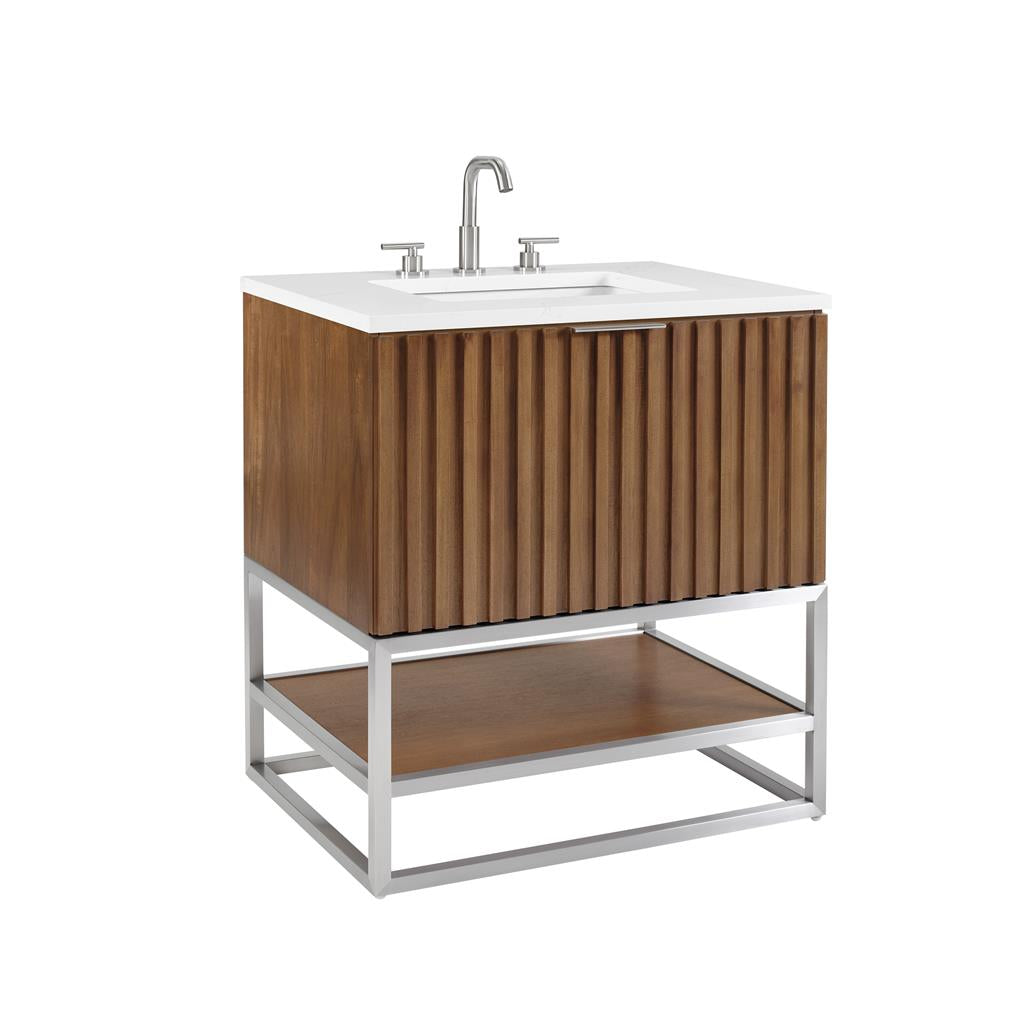 Bemma, Terra 30" Single Vanity, Walnut/Brushed Nickel, Calacatta Quartz Top#top-options_calacatta-quartz-top