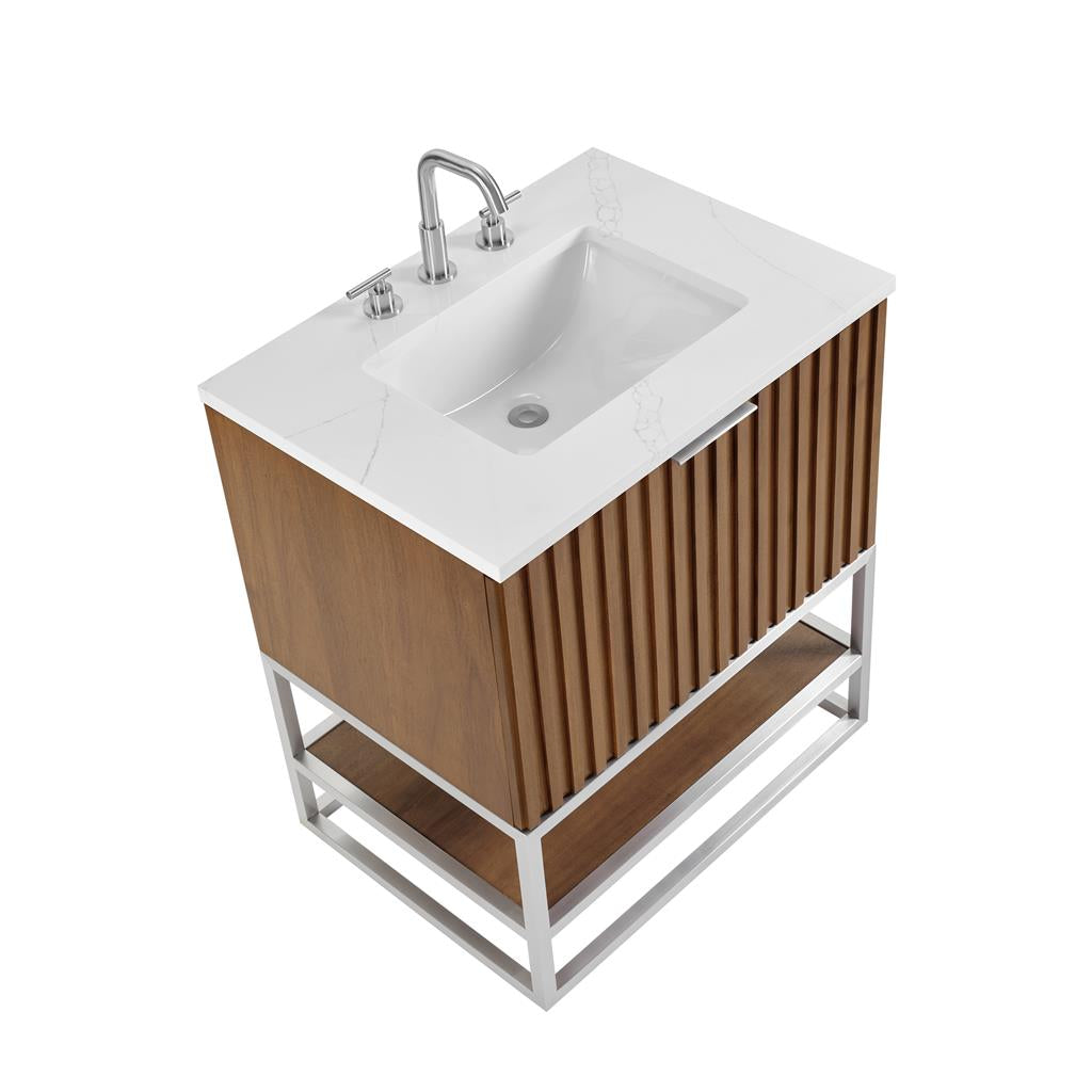 Bemma, Terra 30" Single Vanity, Walnut/Brushed Nickel, Calacatta Quartz Top#top-options_calacatta-quartz-top