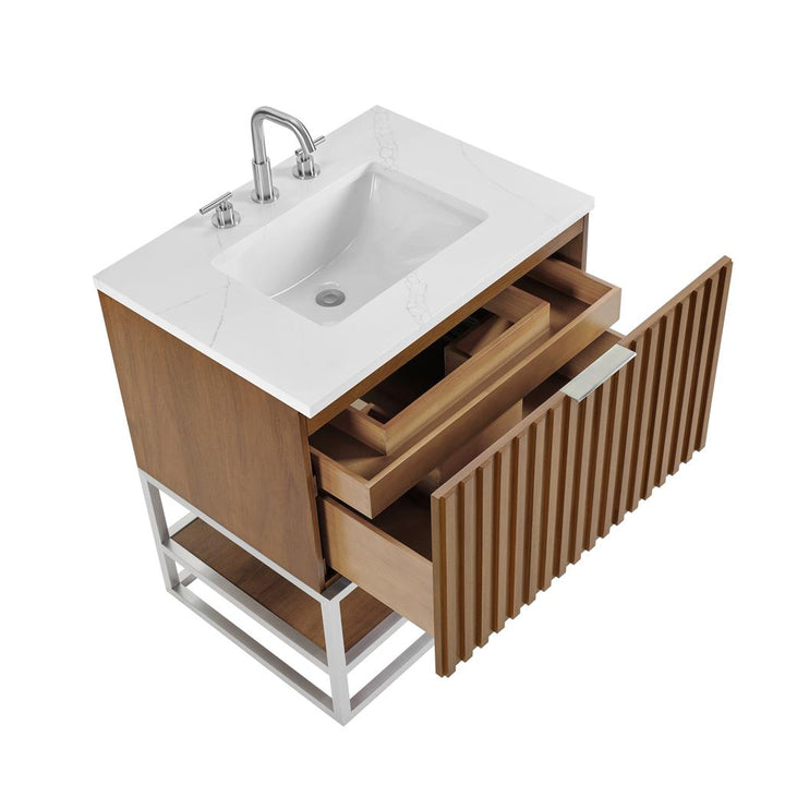 Bemma, Terra 30" Single Vanity, Walnut/Brushed Nickel, Calacatta Quartz Top#top-options_calacatta-quartz-top