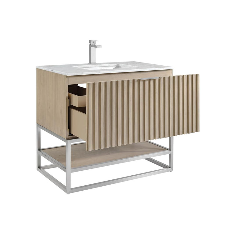 Bemma, Terra 36" Single Vanity, Cashmere Grey/Brushed Nickel, Carrara Marble Top#top-options_carrara-marble-top