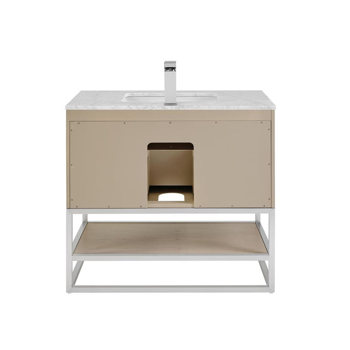 Bemma, Terra 36" Single Vanity, Cashmere Grey/Brushed Nickel, Carrara Marble Top#top-options_carrara-marble-top