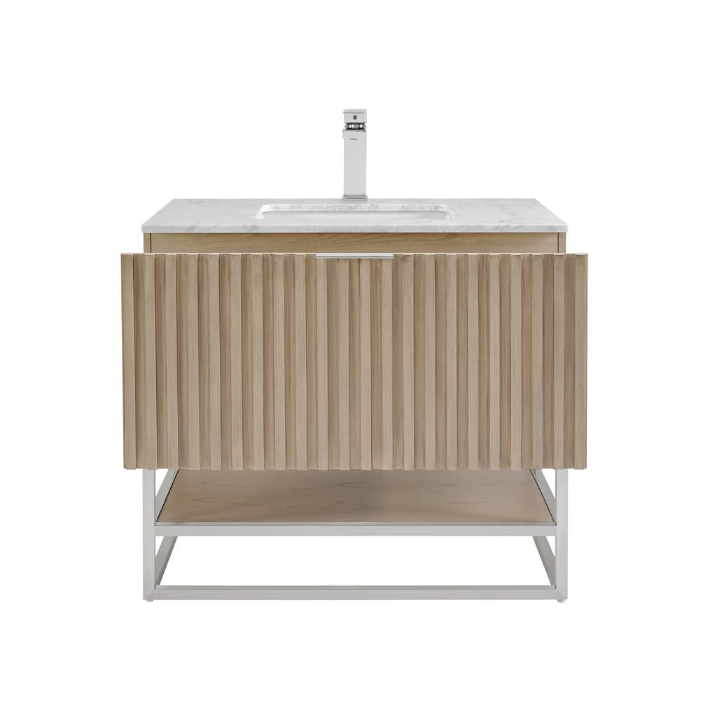 Bemma, Terra 36" Single Vanity, Cashmere Grey/Brushed Nickel, Carrara Marble Top#top-options_carrara-marble-top