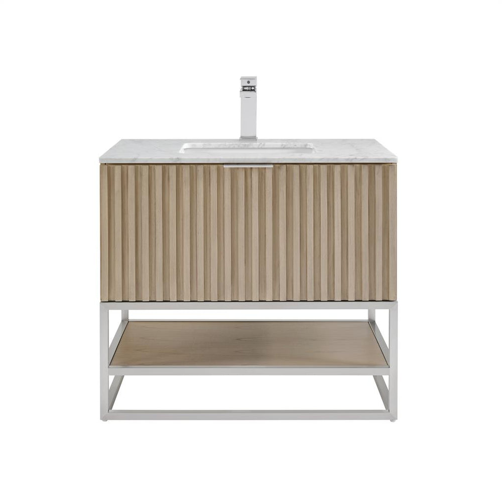 Bemma, Terra 36" Single Vanity, Cashmere Grey/Brushed Nickel, Carrara Marble Top#top-options_carrara-marble-top