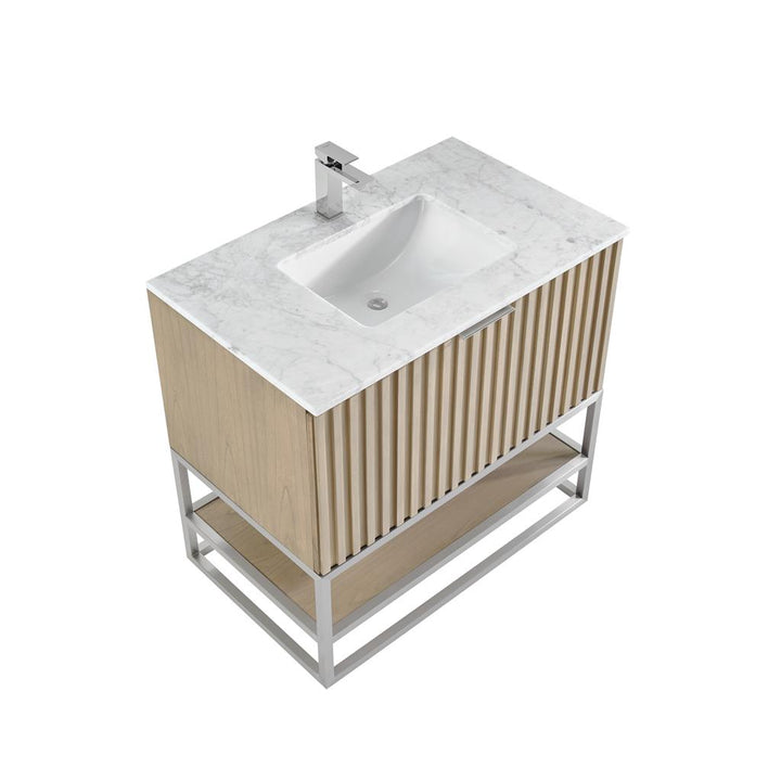 Bemma, Terra 36" Single Vanity, Cashmere Grey/Brushed Nickel, Carrara Marble Top#top-options_carrara-marble-top