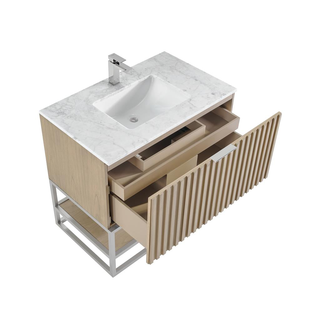 Bemma, Terra 36" Single Vanity, Cashmere Grey/Brushed Nickel, Carrara Marble Top#top-options_carrara-marble-top