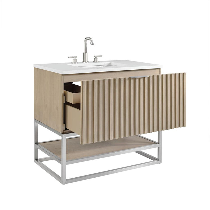 Bemma, Terra 36" Single Vanity, Cashmere Grey/Brushed Nickel, Calacatta Quartz Top#top-options_calacatta-quartz-top