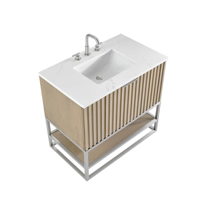 Bemma, Terra 36" Single Vanity, Cashmere Grey/Brushed Nickel, Calacatta Quartz Top#top-options_calacatta-quartz-top