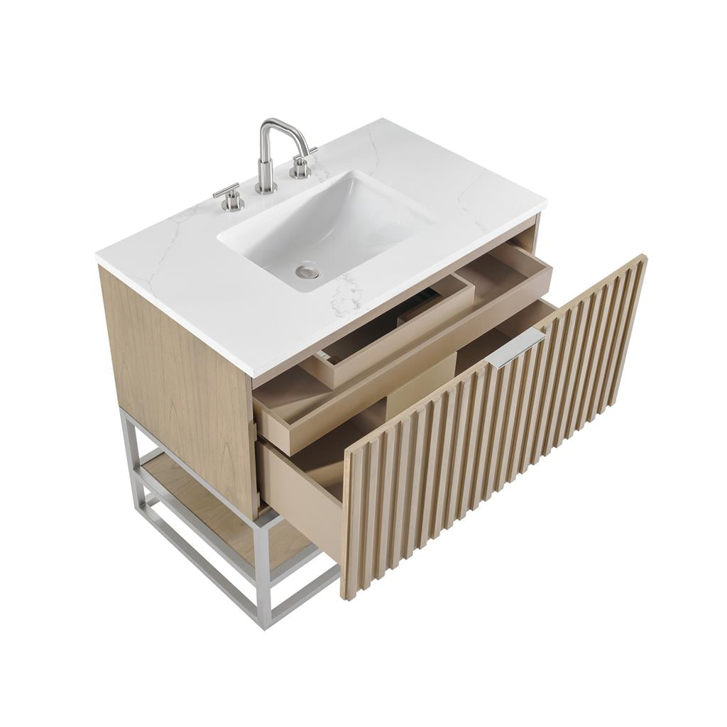 Bemma, Terra 36" Single Vanity, Cashmere Grey/Brushed Nickel, Calacatta Quartz Top#top-options_calacatta-quartz-top