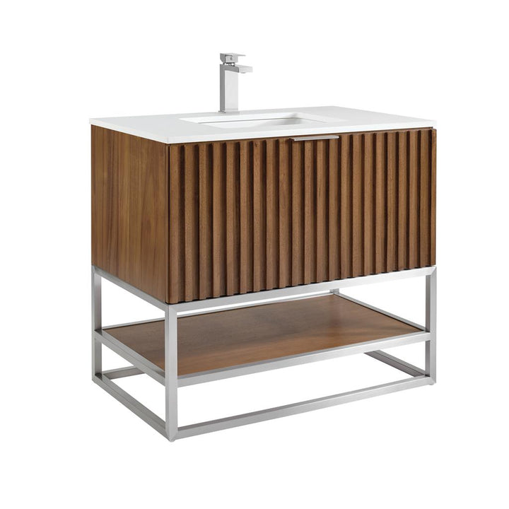 Bemma, Terra 36" Single Vanity, Walnut/Brushed Nickel, White Quartz Top#top-options_white-quartz-top
