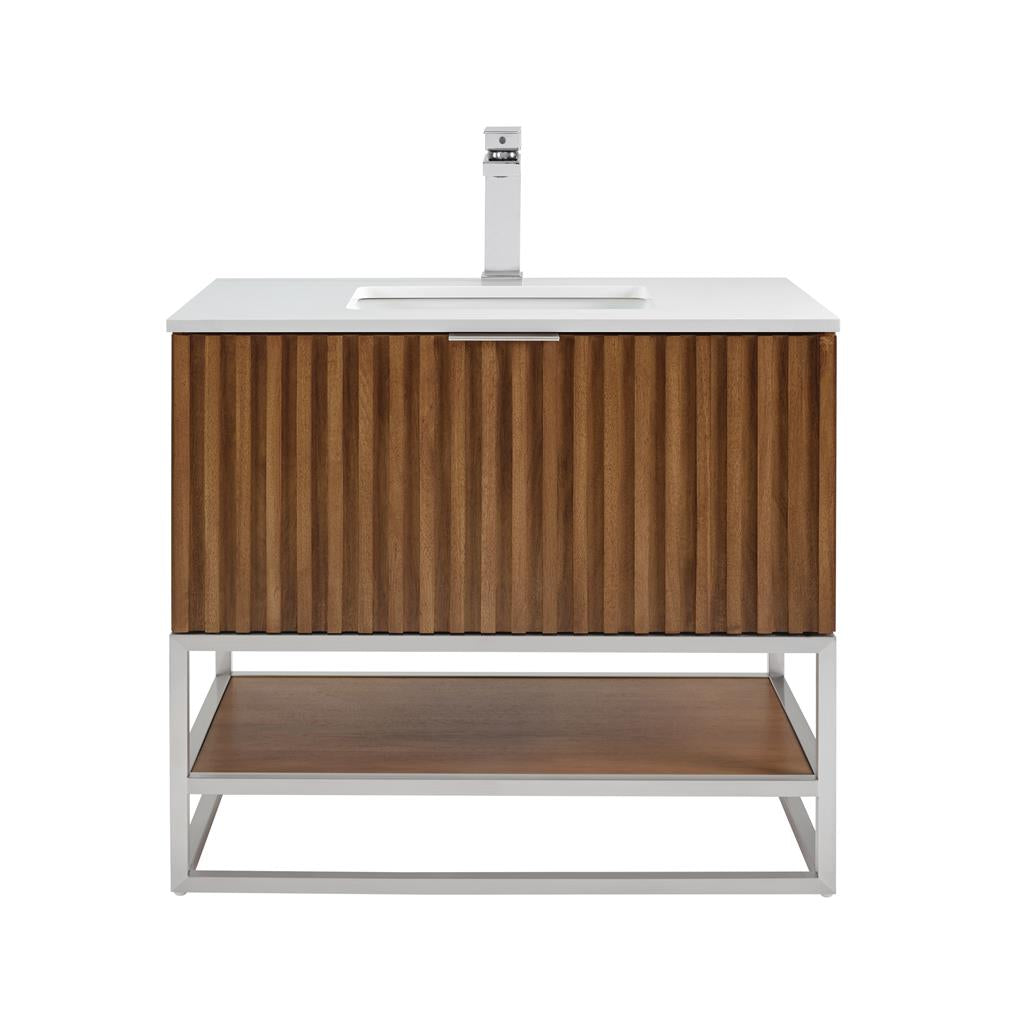 Bemma, Terra 36" Single Vanity, Walnut/Brushed Nickel, White Quartz Top#top-options_white-quartz-top