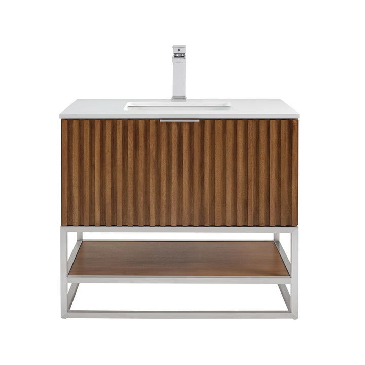 Bemma, Terra 36" Single Vanity, Walnut/Brushed Nickel, White Quartz Top#top-options_white-quartz-top