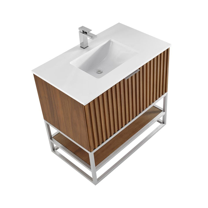 Bemma, Terra 36" Single Vanity, Walnut/Brushed Nickel, White Quartz Top#top-options_white-quartz-top