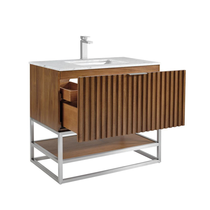 Bemma, Terra 36" Single Vanity, Walnut/Brushed Nickel, Carrara Marble Top#top-options_carrara-marble-top