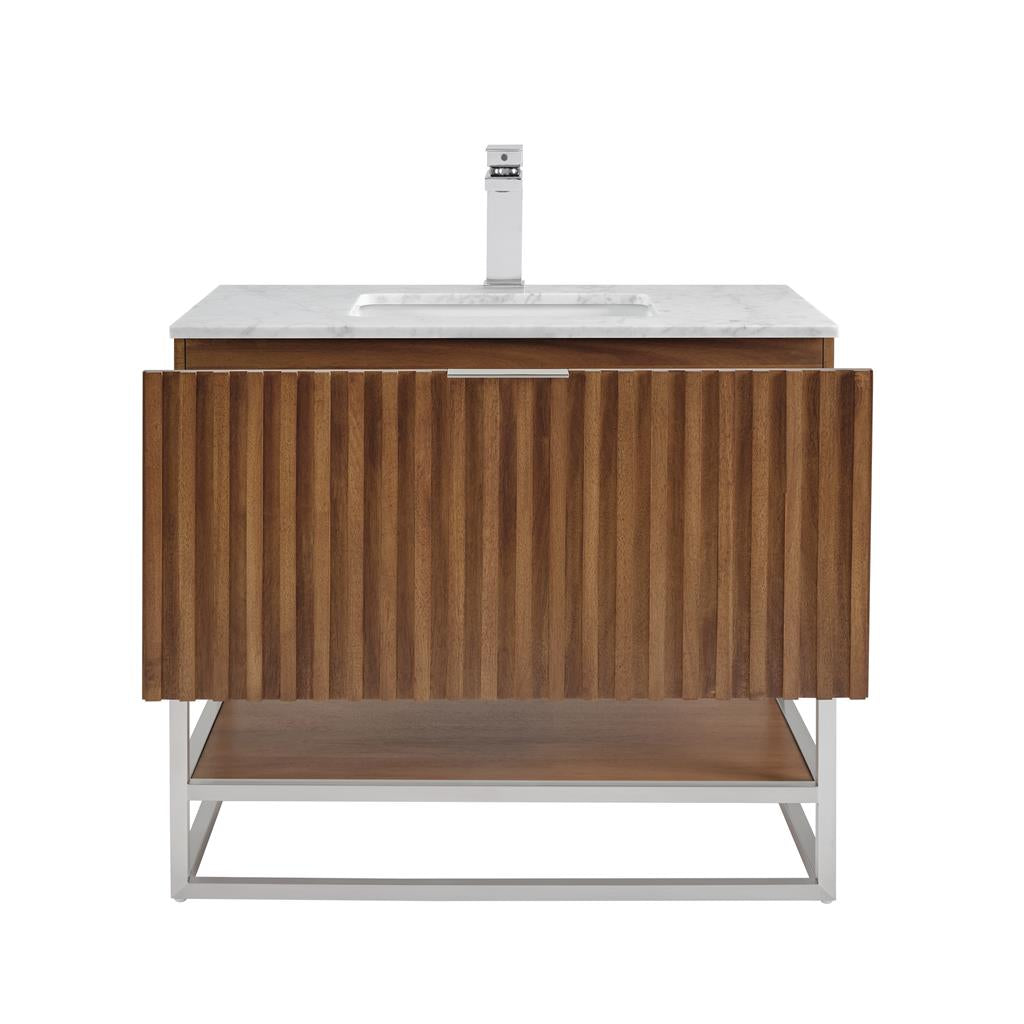 Bemma, Terra 36" Single Vanity, Walnut/Brushed Nickel, Carrara Marble Top#top-options_carrara-marble-top