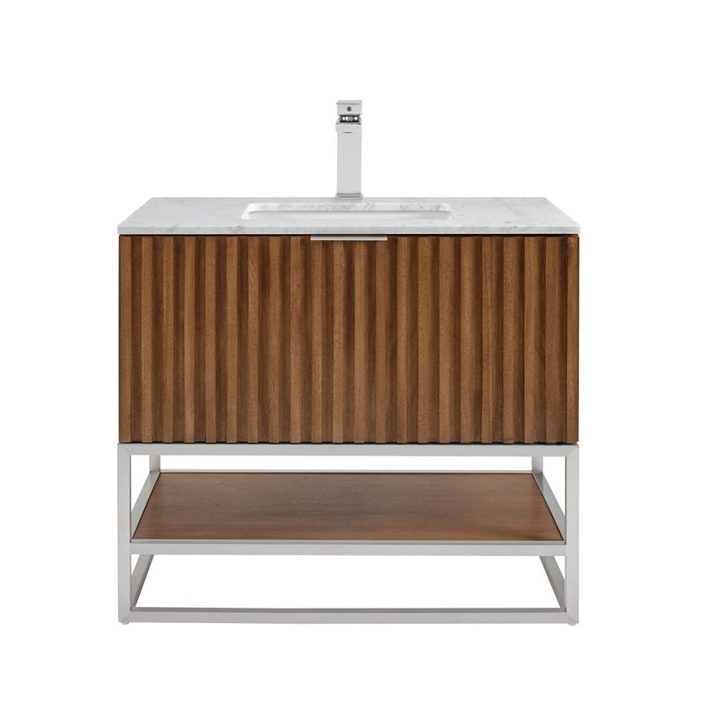 Bemma, Terra 36" Single Vanity, Walnut/Brushed Nickel, Carrara Marble Top#top-options_carrara-marble-top