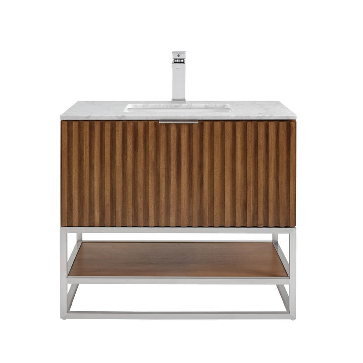 Bemma, Terra 36" Single Vanity, Walnut/Brushed Nickel, Carrara Marble Top#top-options_carrara-marble-top