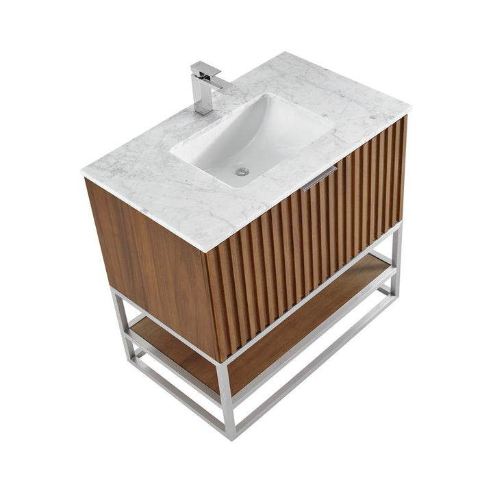Bemma, Terra 36" Single Vanity, Walnut/Brushed Nickel, Carrara Marble Top#top-options_carrara-marble-top
