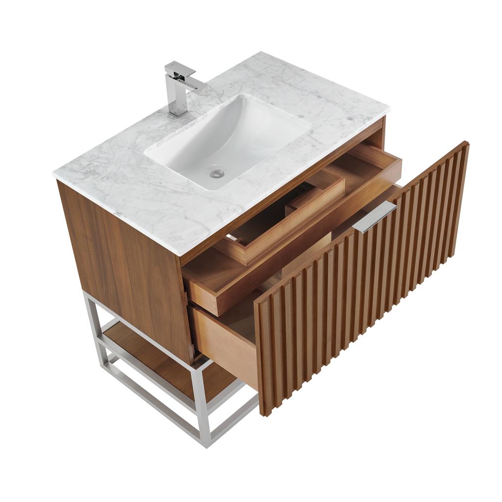 Bemma, Terra 36" Single Vanity, Walnut/Brushed Nickel, Carrara Marble Top#top-options_carrara-marble-top