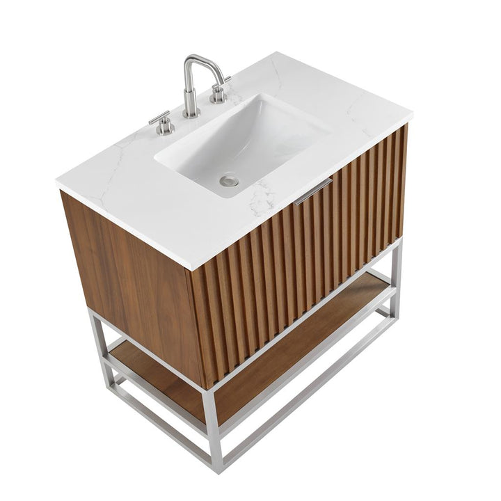Bemma, Terra 36" Single Vanity, Walnut/Brushed Nickel, Calacatta Quartz Top#top-options_calacatta-quartz-top
