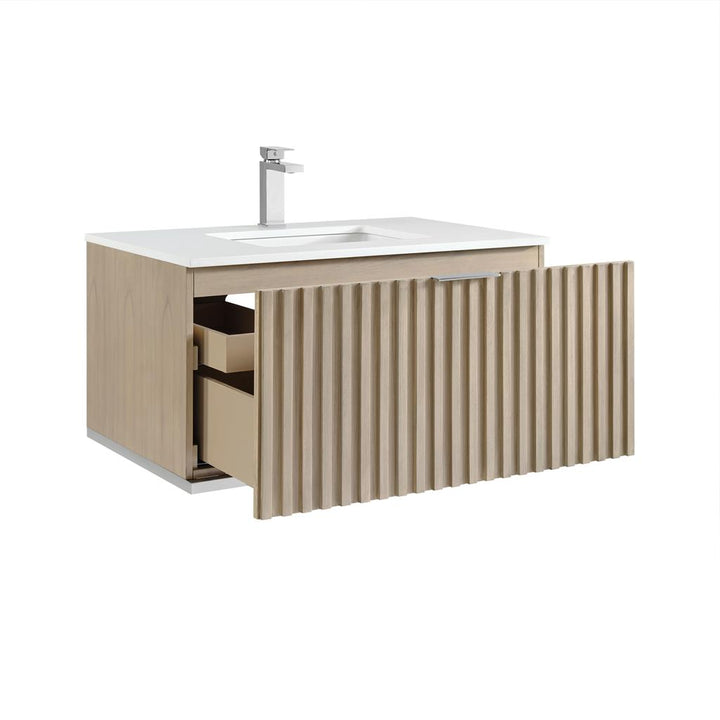 Bemma, Terra 36" Single Floating Vanity, Cashmere Grey/Brushed Nickel, White Quartz Top#top-options_white-quartz-top