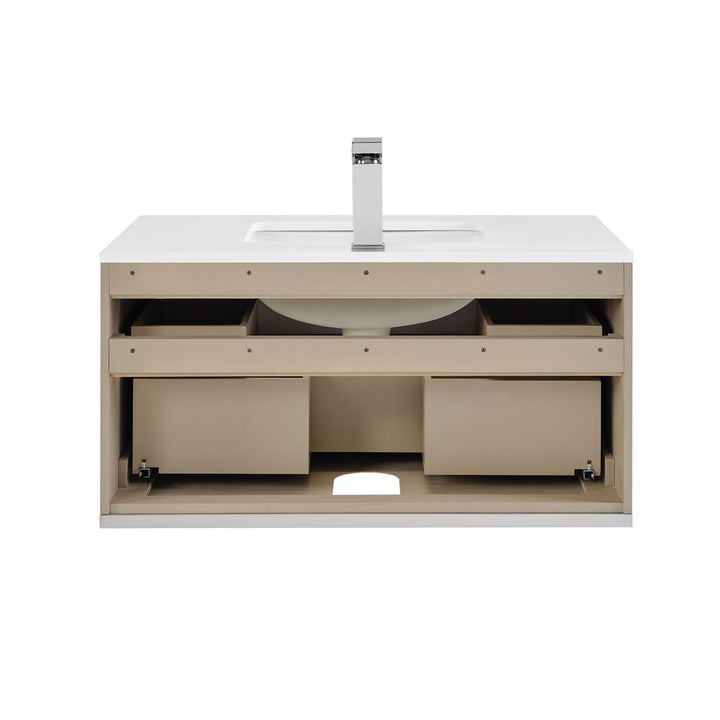 Bemma, Terra 36" Single Floating Vanity, Cashmere Grey/Brushed Nickel, White Quartz Top#top-options_white-quartz-top