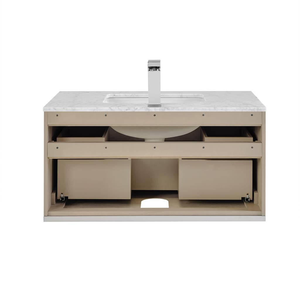 Bemma, Terra 36" Single Floating Vanity, Cashmere Grey/Brushed Nickel, Carrara Marble Top#top-options_carrara-marble-top