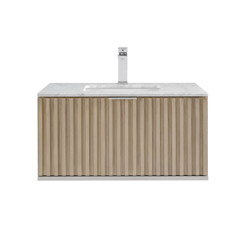 Bemma, Terra 36" Single Floating Vanity, Cashmere Grey/Brushed Nickel, Carrara Marble Top#top-options_carrara-marble-top