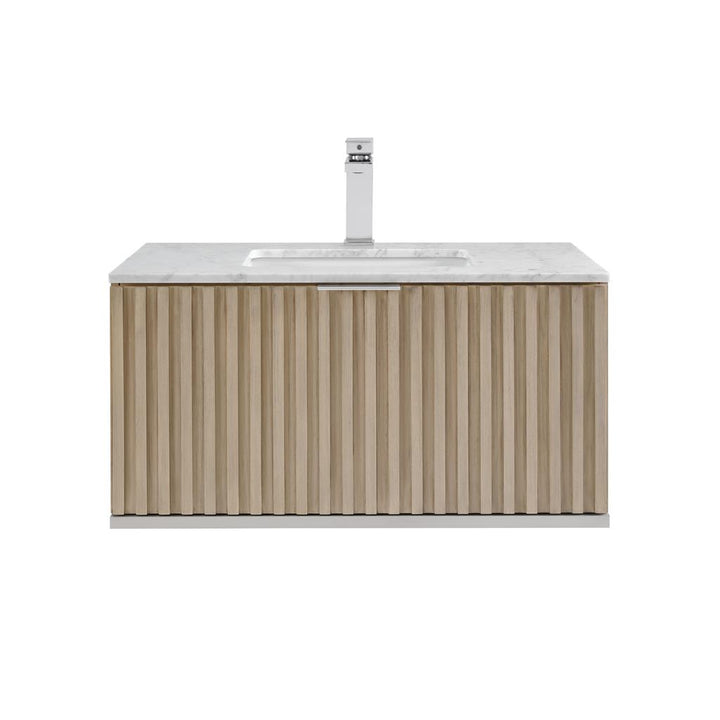 Bemma, Terra 36" Single Floating Vanity, Cashmere Grey/Brushed Nickel, Carrara Marble Top#top-options_carrara-marble-top